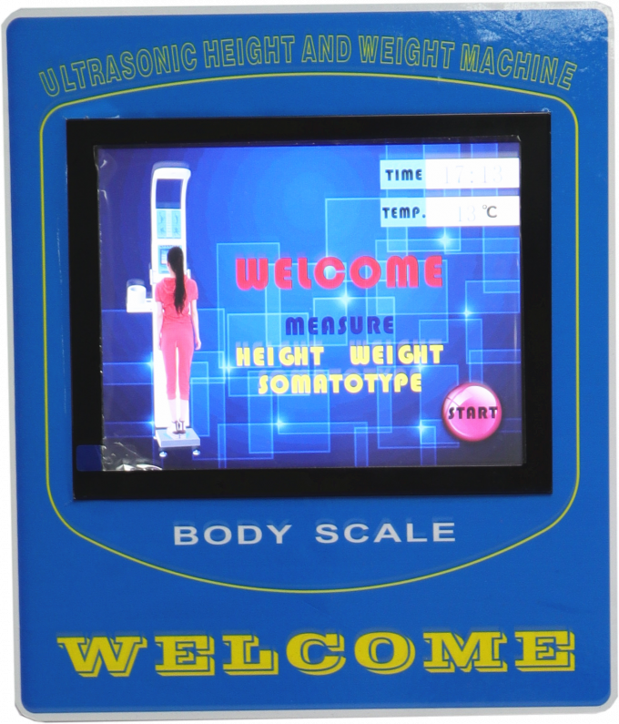 A escala dobrável da altura e do peso com propaganda do LCD da pressão sanguínea e da gordura corporal seleciona/tela táctil