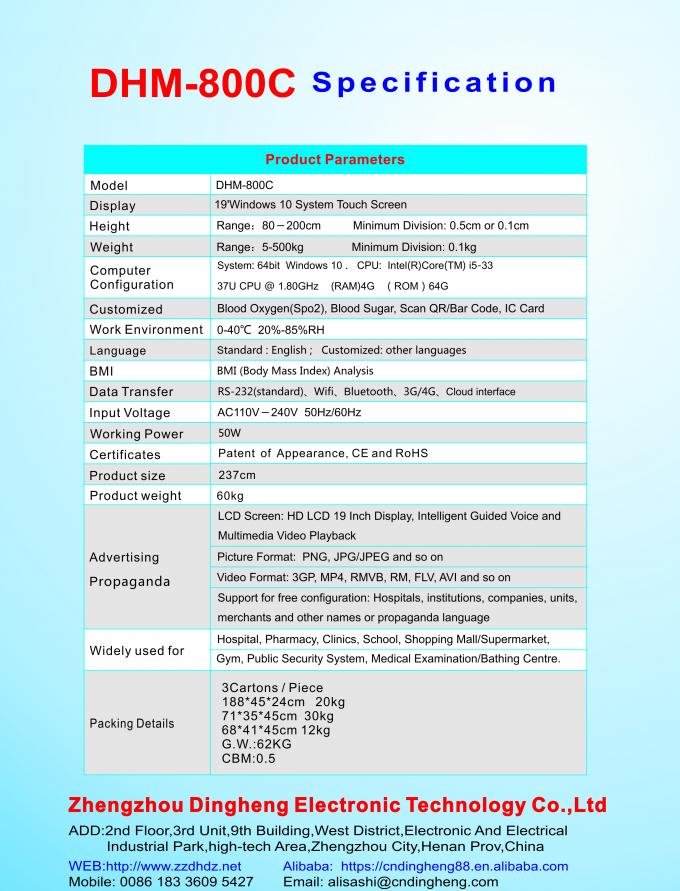 Escalas médicas da altura e do peso do exame médico completo com analisador da gordura corporal